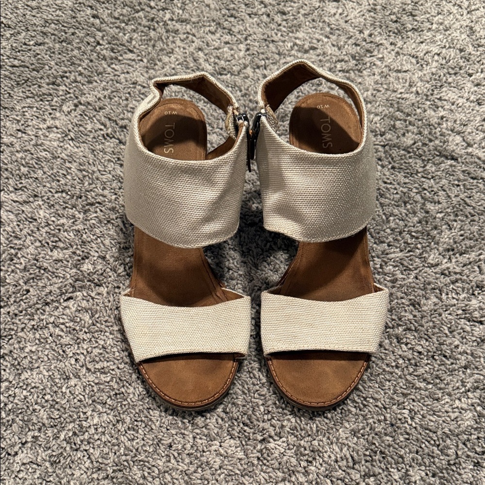TOMS HEELED LINEN STRAP SANDALS